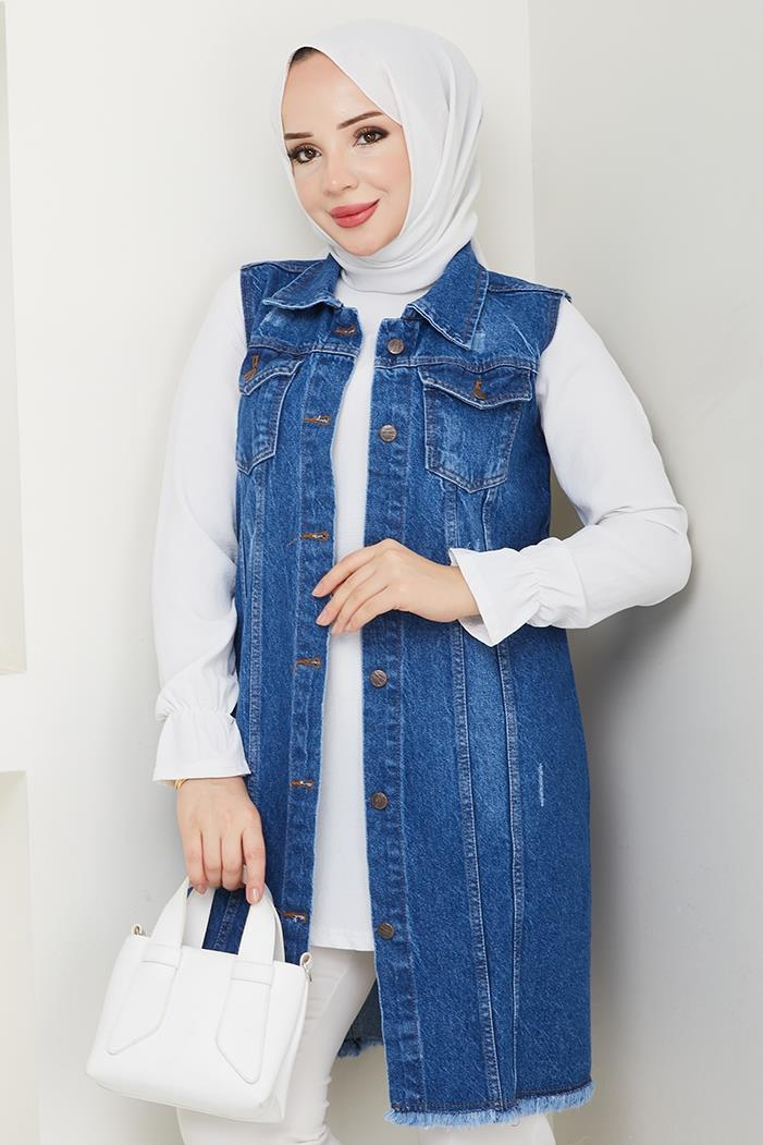 Nesa Püsküllü Kot Yelek 1527 - Mavi