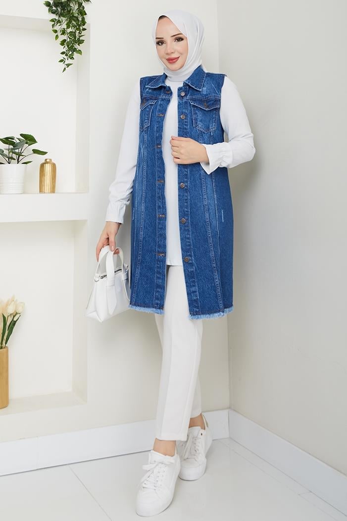 Nesa Püsküllü Kot Yelek 1527 - Mavi