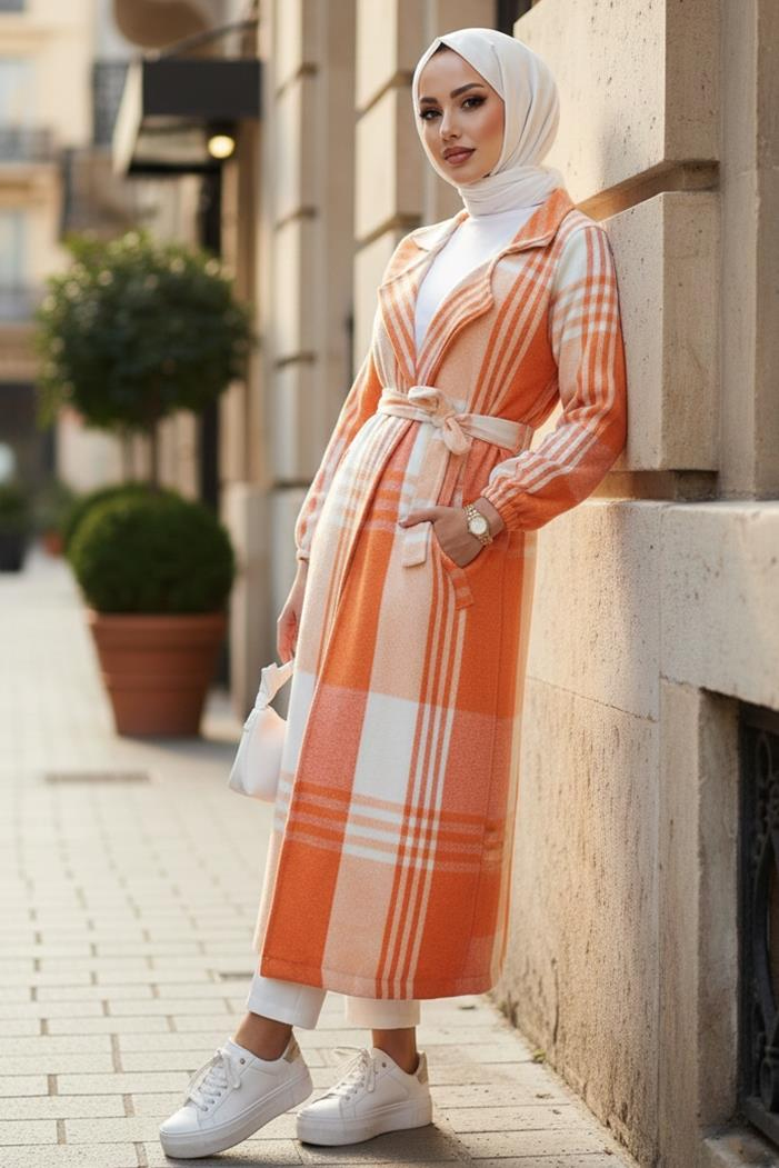 Nevin Çift Cepli Kruvaze Yaka Tesettür Hırka 405 - Turuncu