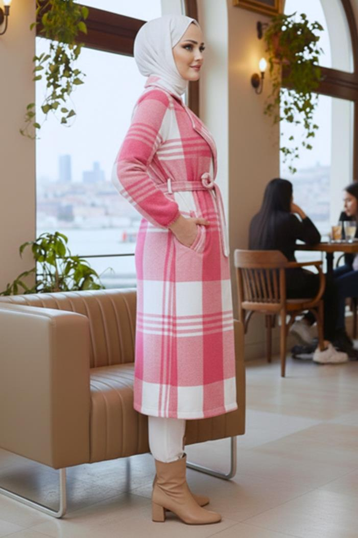 Nevin Çift Cepli Kruvaze Yaka Tesettür Hırka 405 - Pembe