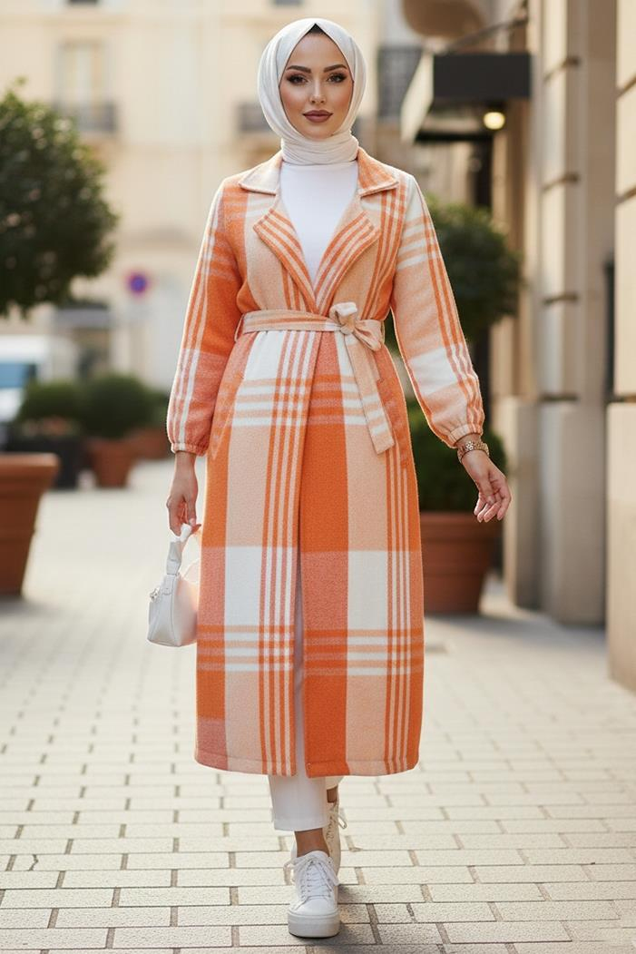 Nevin Çift Cepli Kruvaze Yaka Tesettür Hırka 405 - Turuncu