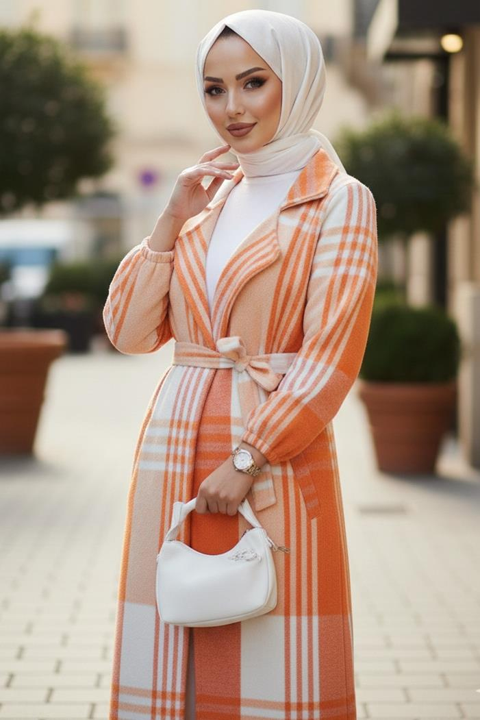 Nevin Çift Cepli Kruvaze Yaka Tesettür Hırka 405 - Turuncu