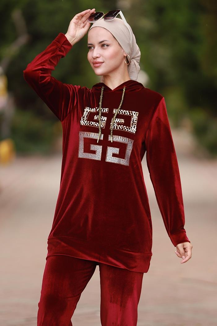 Nihan Boncuklu Kadife Takım 644 - Bordo