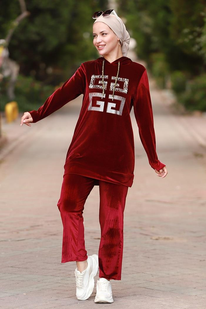 Nihan Boncuklu Kadife Takım 644 - Bordo