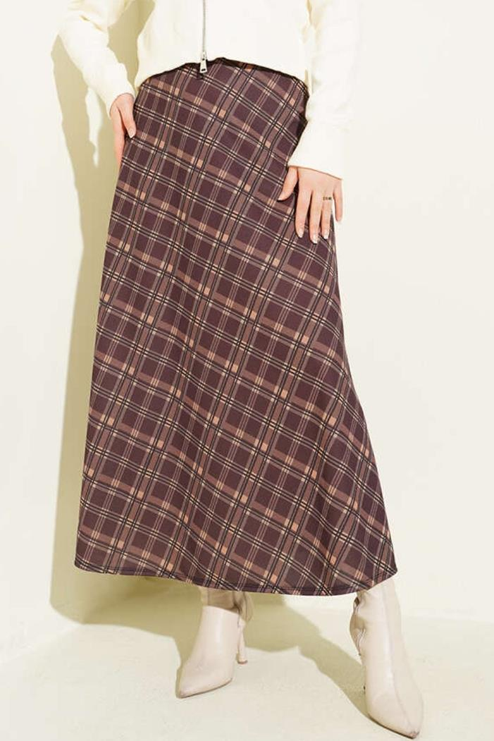 Örme Ekose Kloş Etek 1680 - Kahve