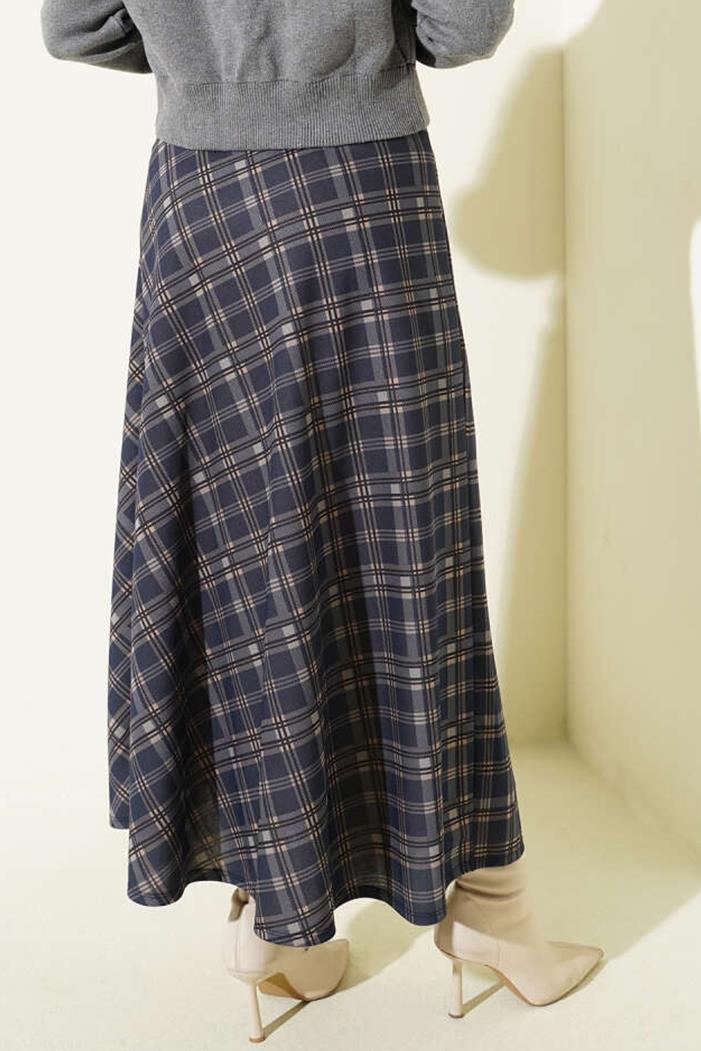 Örme Ekose Kloş Etek 1680 - Lacivert