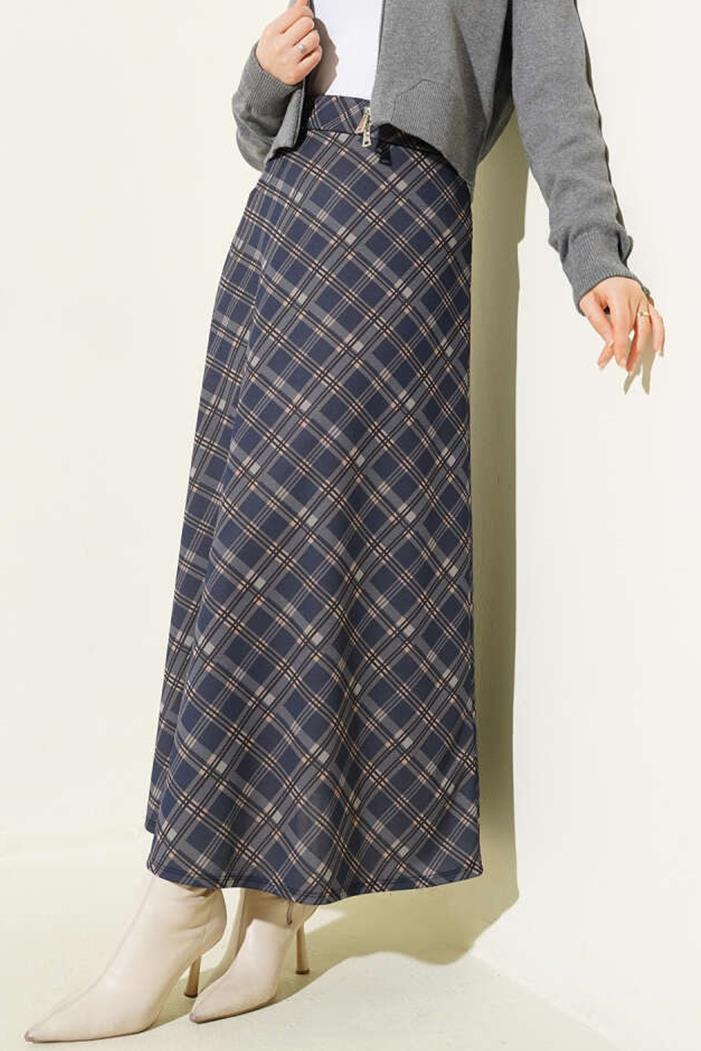 Örme Ekose Kloş Etek 1680 - Lacivert