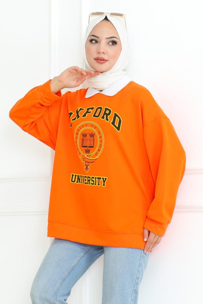 Oxford Baskılı Gömlek Yaka Tunik 1100 - Turuncu