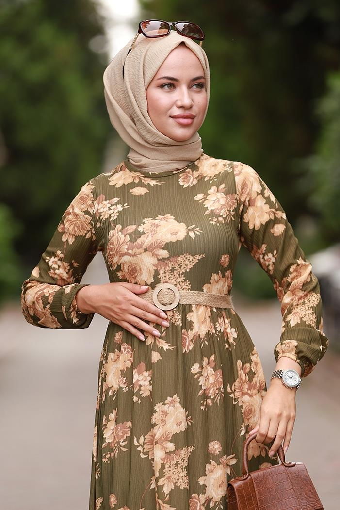 Pamira Çiçek Desenli Elbise 557 - Haki