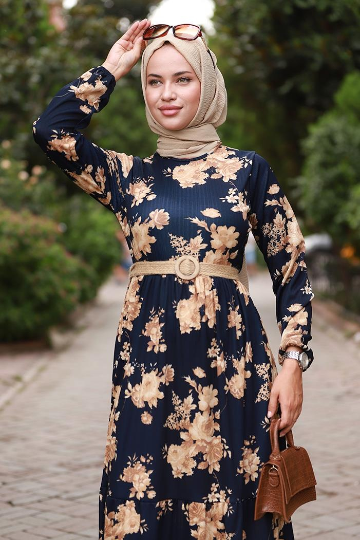 Pamira Çiçek Desenli Elbise 557 - Lacivert
