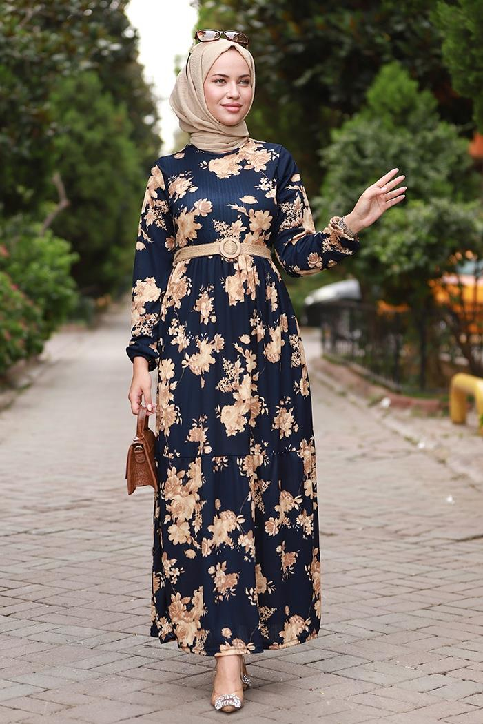 Pamira Çiçek Desenli Elbise 557 - Lacivert