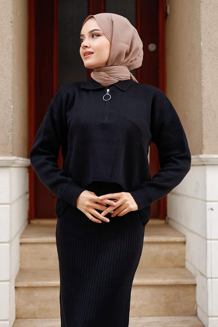 Peyda Elbise Kazak İkili Triko Takım 1222 - Siyah