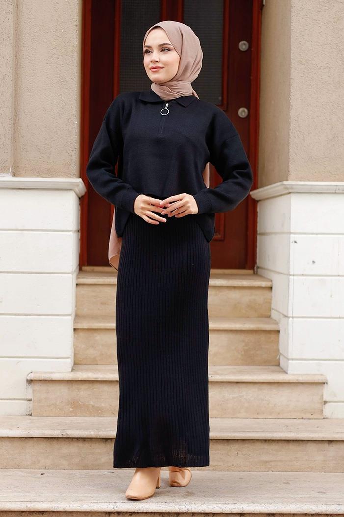 Peyda Elbise Kazak İkili Triko Takım 1222 - Siyah