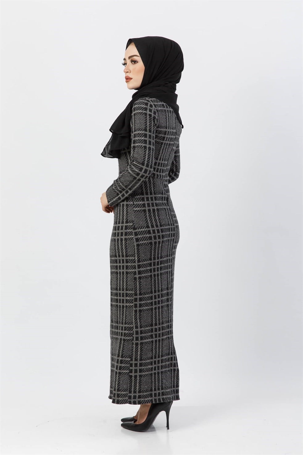 Pile Detaylı Cepli Kareli Elbise - SİYAH