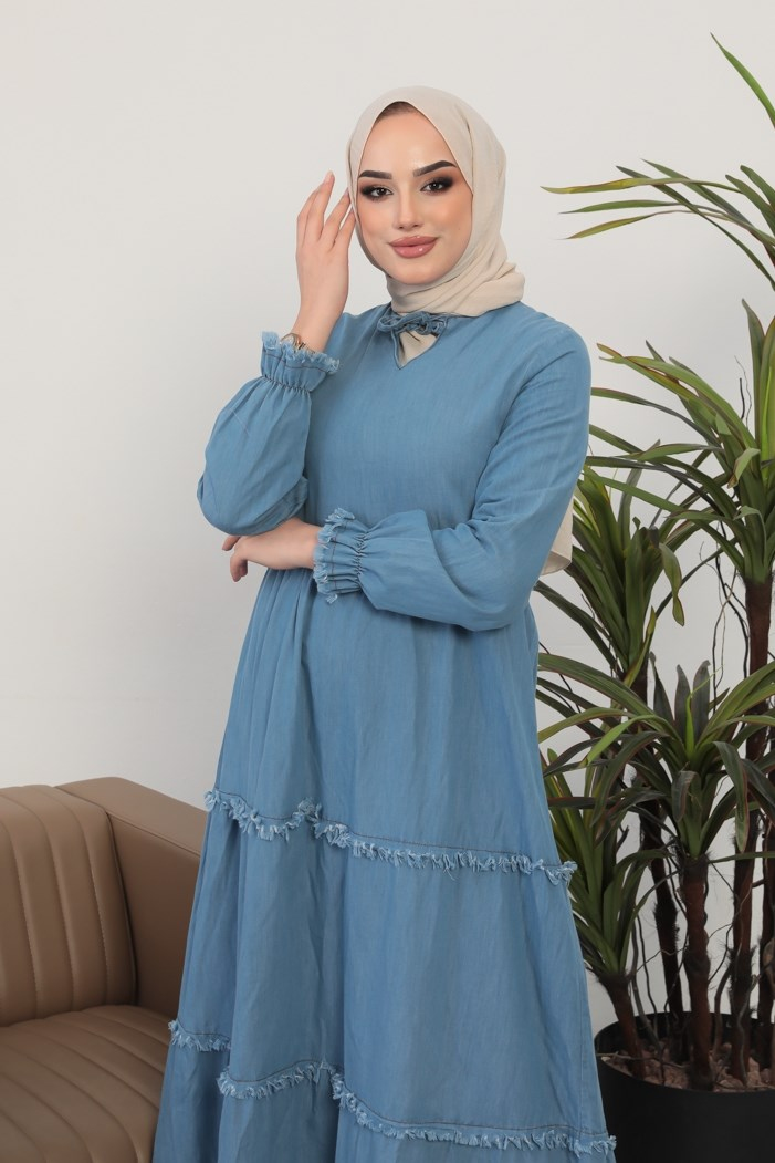 Püskül Katlı Rose Tesettür Kot Elbise 222 - Açık Mavi