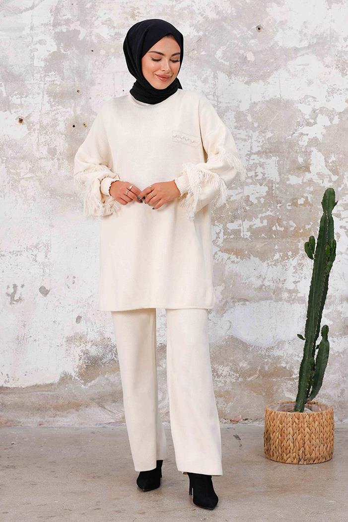 Püskül Kol Tunik Pantolon İkili Triko Takım 1234 - Ekru