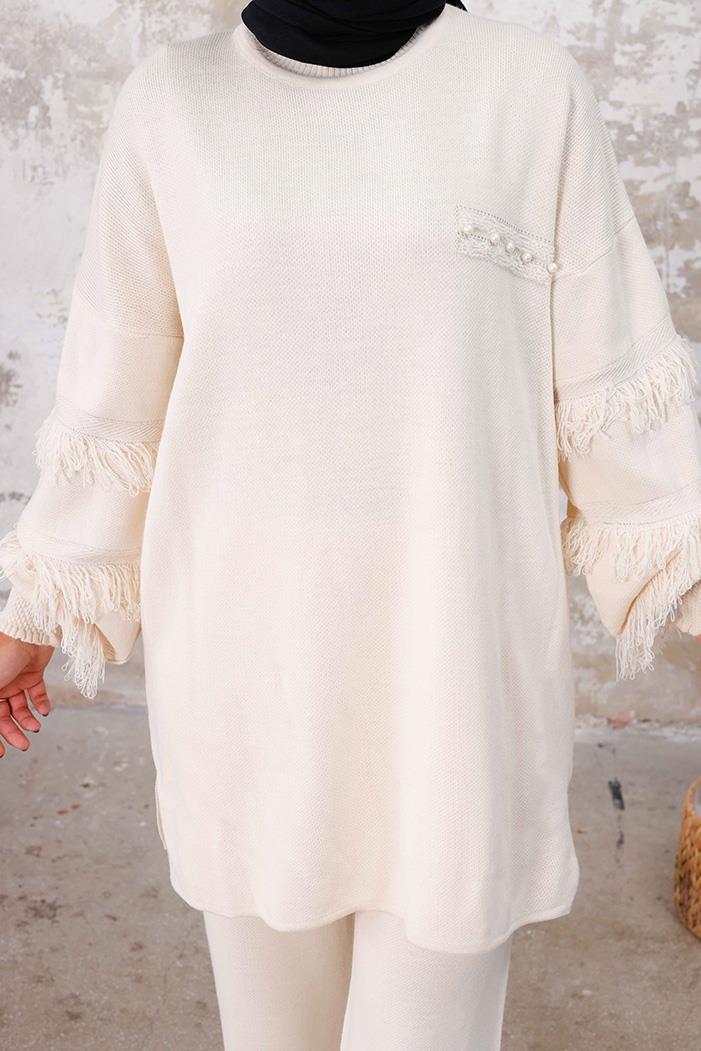 Püskül Kol Tunik Pantolon İkili Triko Takım 1234 - Ekru