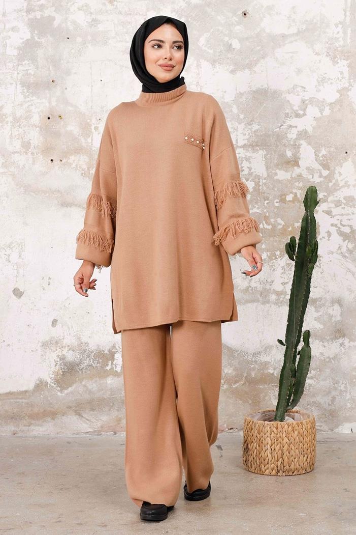 Püskül Kol Tunik Pantolon İkili Triko Takım 1234 - Vizon