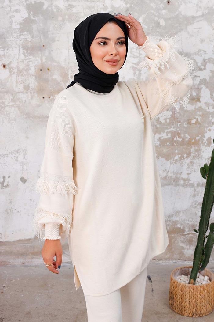 Püskül Kol Tunik Pantolon İkili Triko Takım 1234 - Ekru