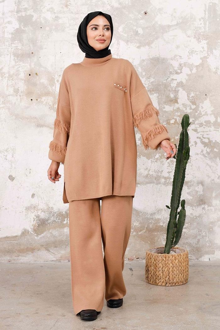 Püskül Kol Tunik Pantolon İkili Triko Takım 1234 - Vizon