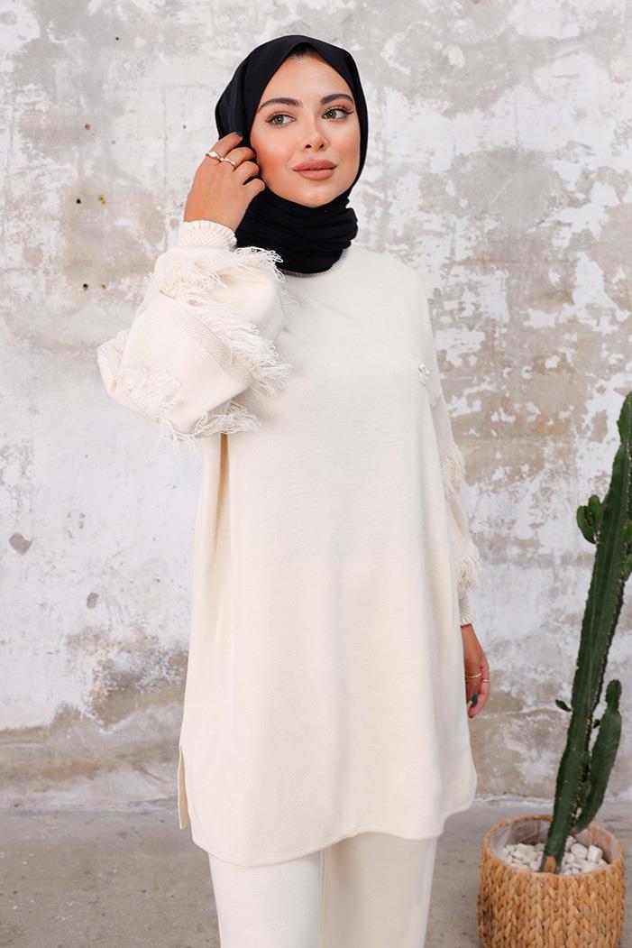 Püskül Kol Tunik Pantolon İkili Triko Takım 1234 - Ekru