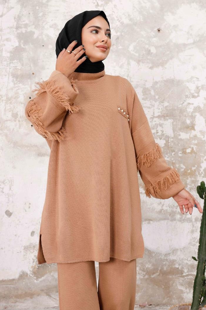 Püskül Kol Tunik Pantolon İkili Triko Takım 1234 - Vizon