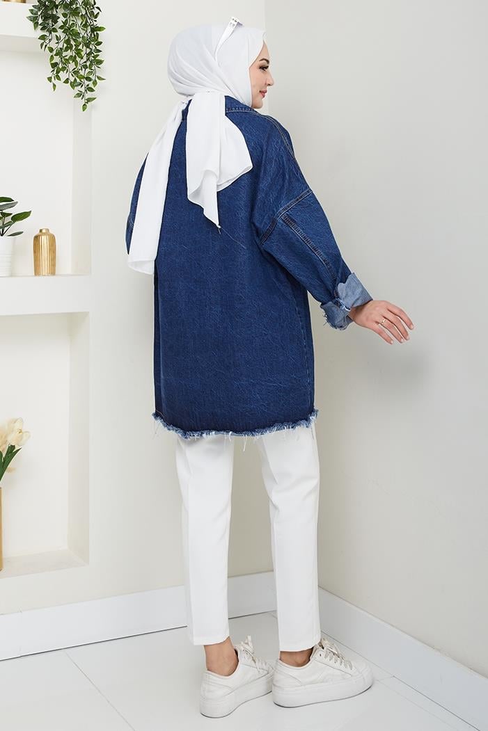Püsküllü Oversize Kot Ceket 1458 - Mavi