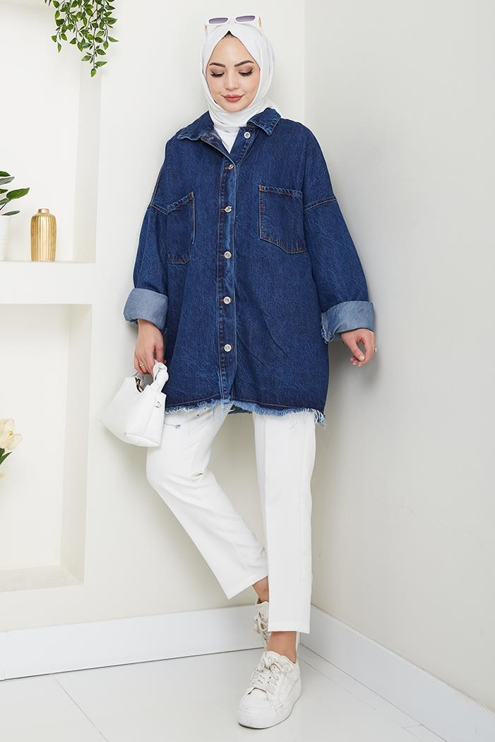 Püsküllü Oversize Kot Ceket 1458 - Mavi