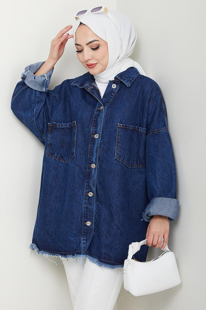 Püsküllü Oversize Kot Ceket 1458 - Mavi