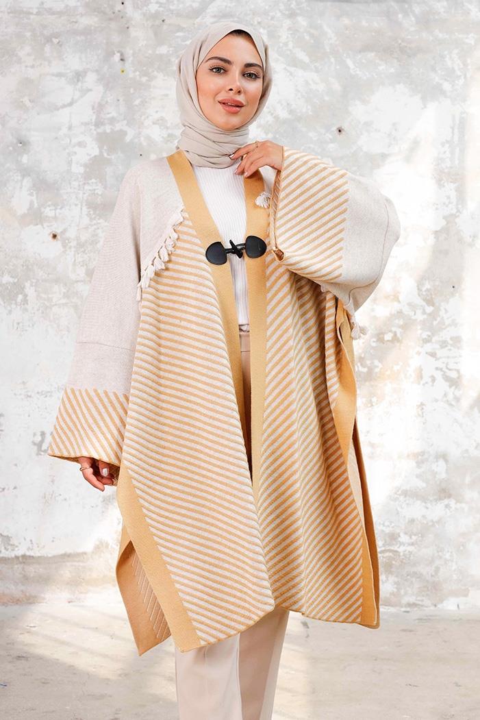 Püsküllü Oversize Triko Panço 1239 - Taş