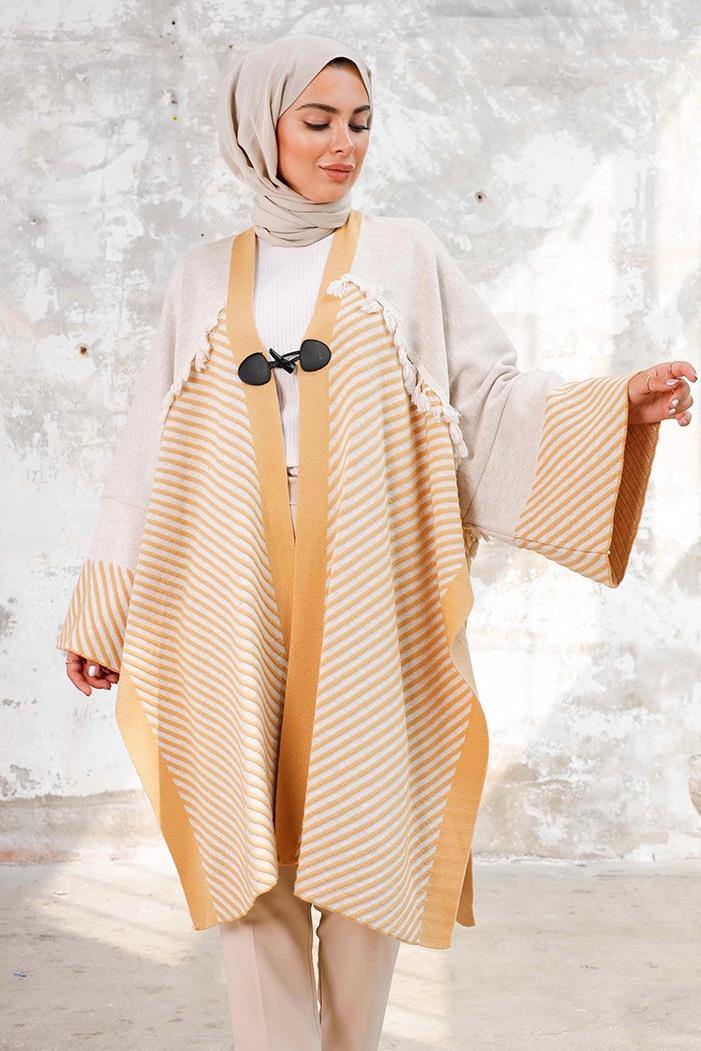 Püsküllü Oversize Triko Panço 1239 - Taş