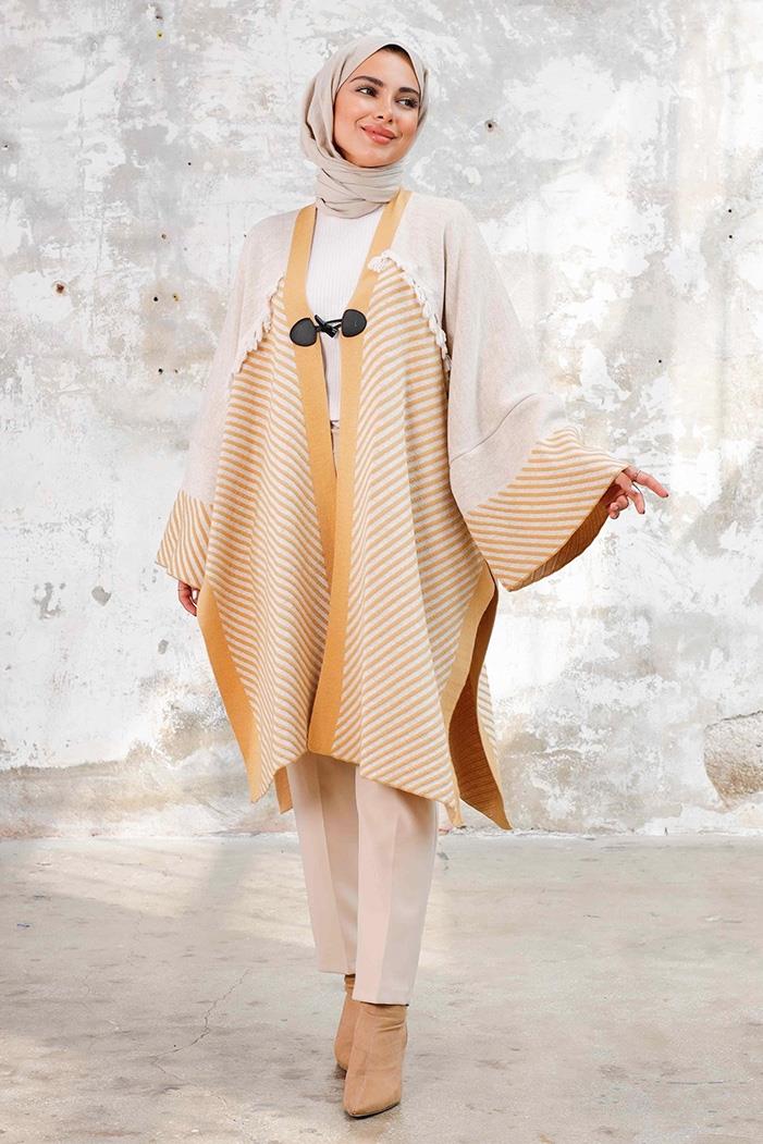 Püsküllü Oversize Triko Panço 1239 - Taş