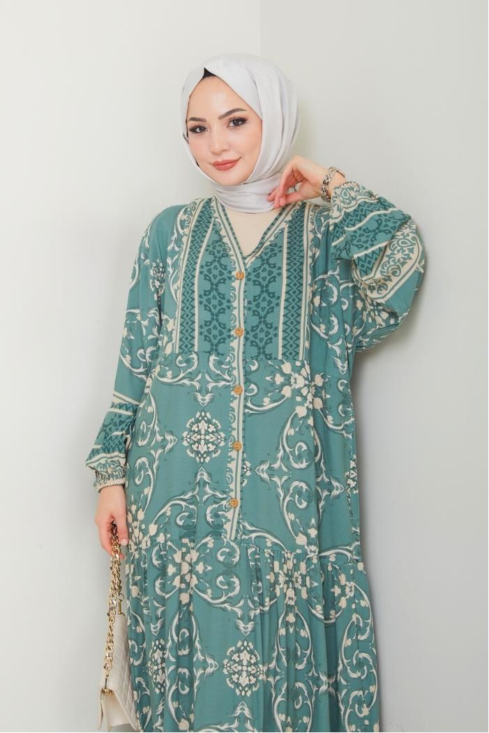 Rayer Yarım Düğmeli Dokuma Viskon Elbise 1497 - Mint