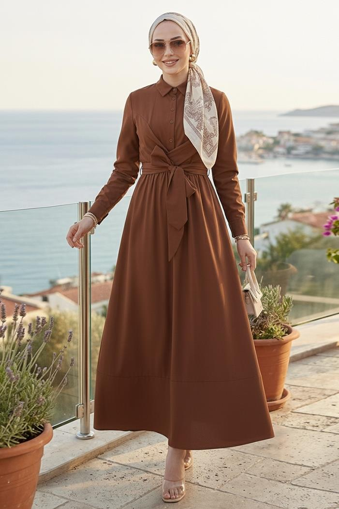 Renda Belden Bağlamalı Elbise 1467 - Acı Kahve