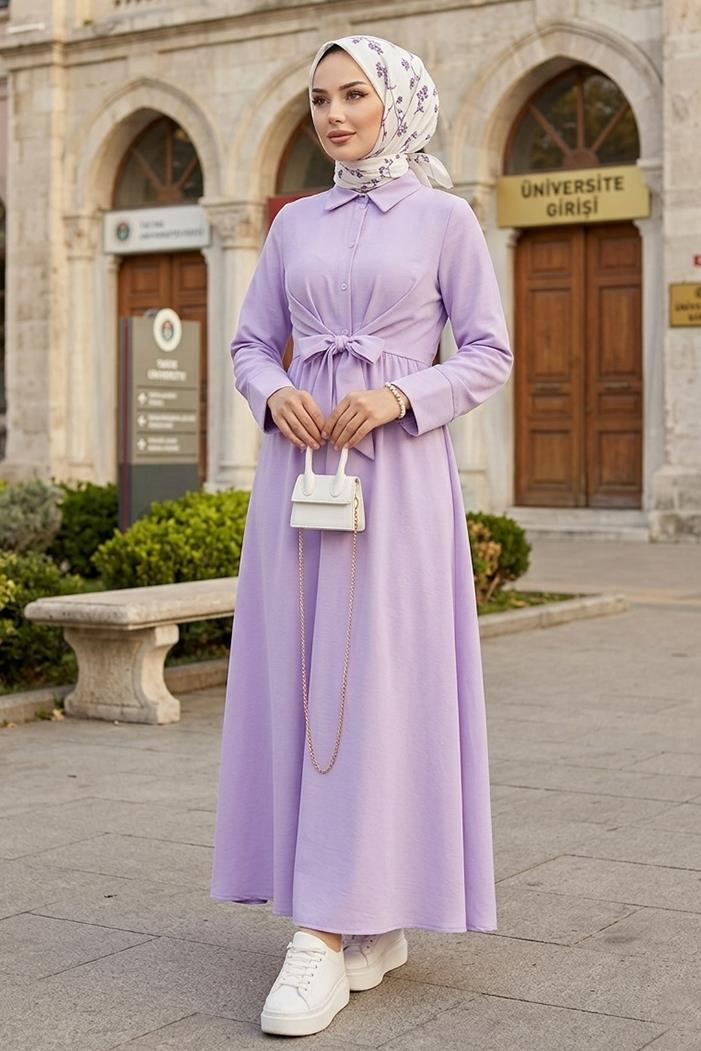 Renda Belden Bağlamalı Elbise 1467 - Lila
