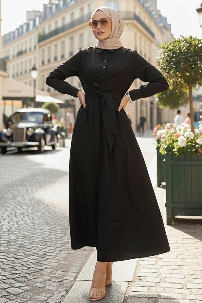 Renda Belden Bağlamalı Elbise 1467 - Siyah