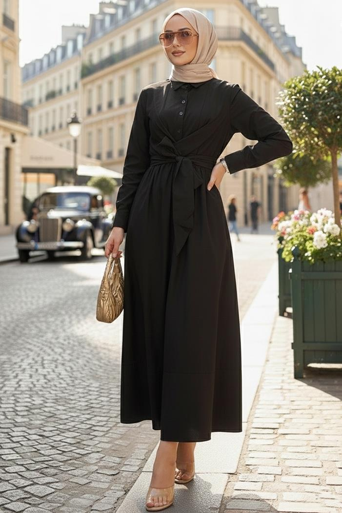 Renda Belden Bağlamalı Elbise 1467 - Siyah