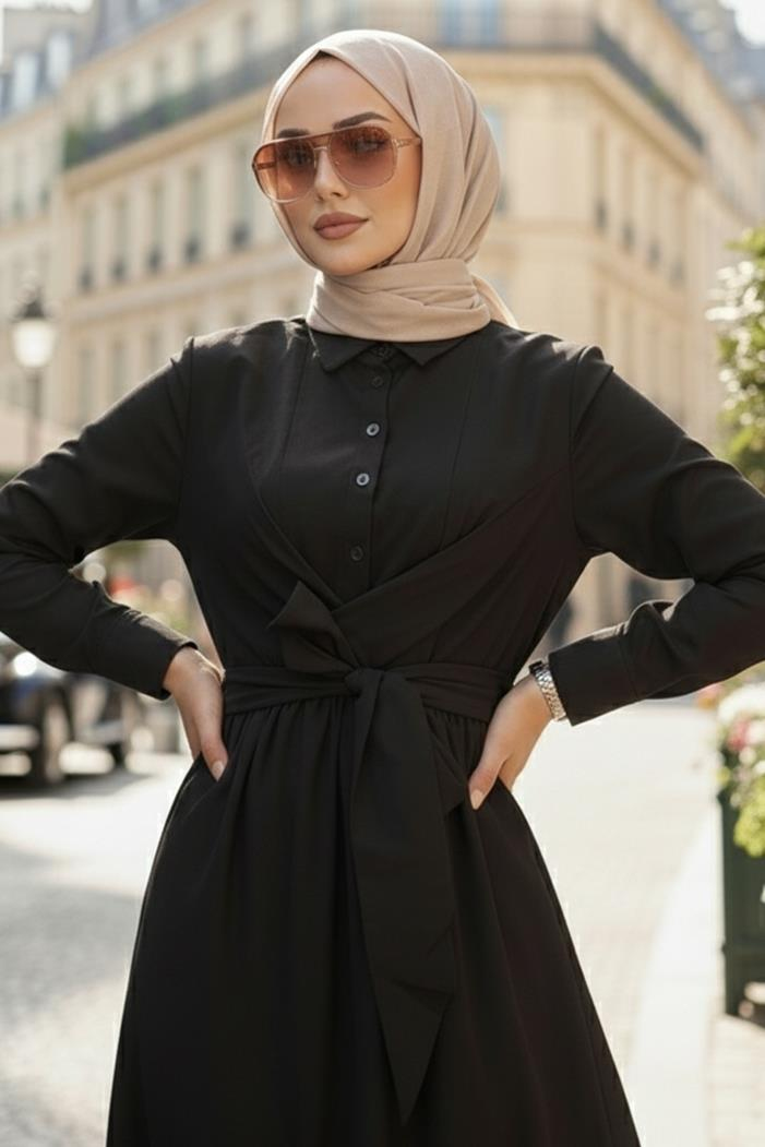 Renda Belden Bağlamalı Elbise 1467 - Siyah