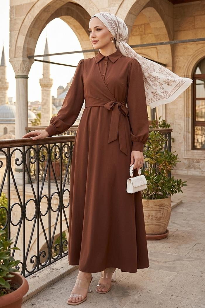 Reyel Çapraz Bağlamalı Elbise 1464 - Acı Kahve