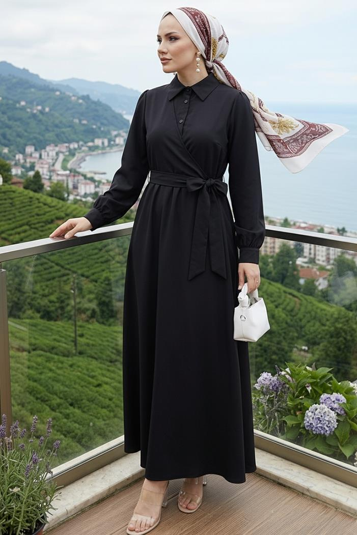 Reyel Çapraz Bağlamalı Elbise 1464 - Siyah