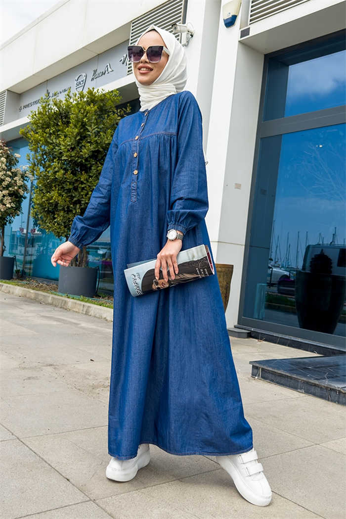 Robalı Patlı Kot Elbise - Mavi
