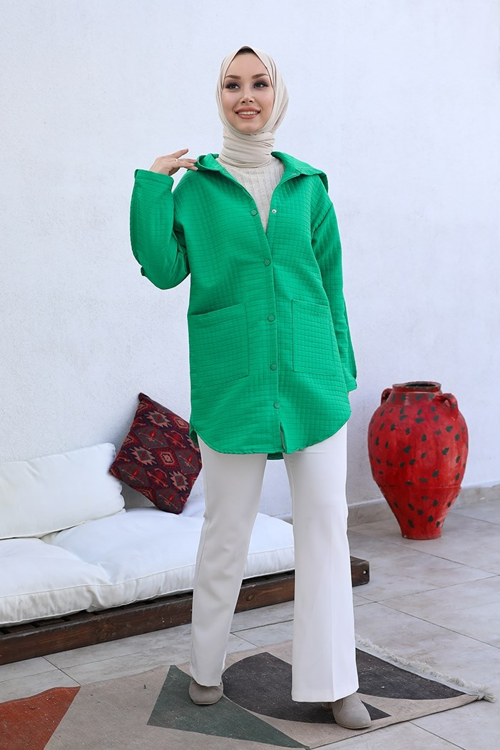 Selen Çift Cep Kapüşonlu Kapitone Tesettür Kap 380 - Yeşil