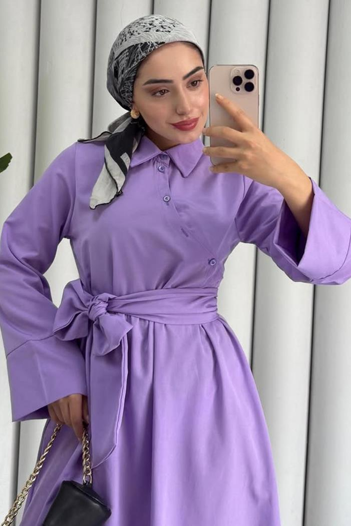Seliz Yandan Düğmeli Elbise 1528 - Lila