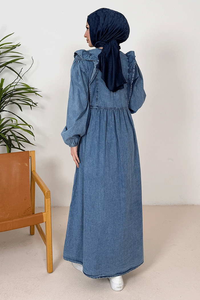Seril Fırfır Detaylı Kot Elbise 1379 - Mavi