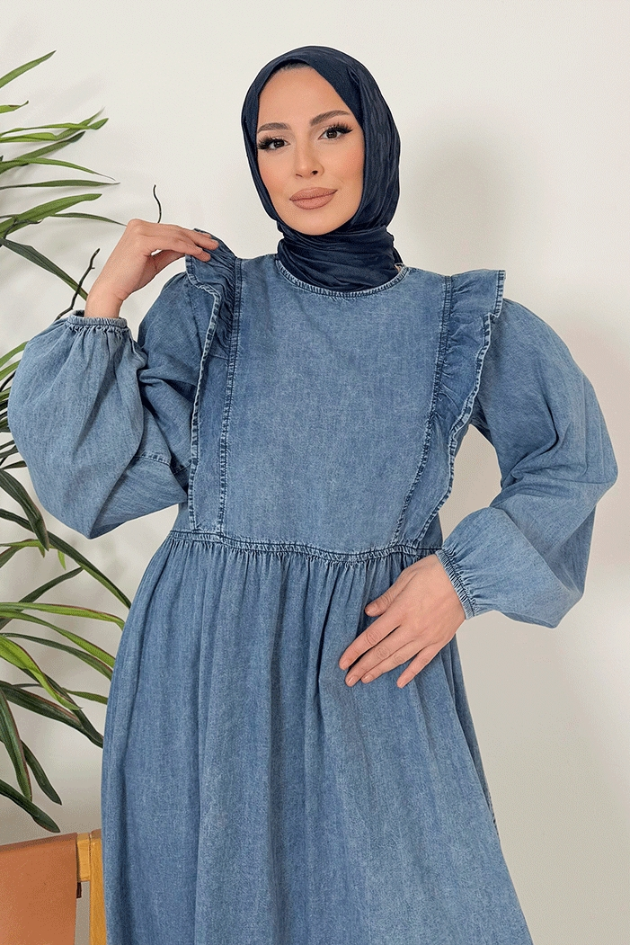 Seril Fırfır Detaylı Kot Elbise 1379 - Mavi