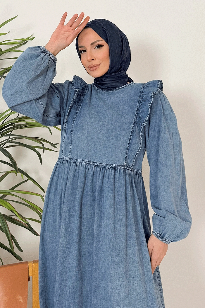 Seril Fırfır Detaylı Kot Elbise 1379 - Mavi