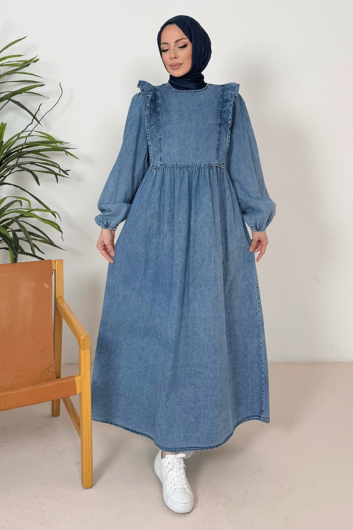 Seril Fırfır Detaylı Kot Elbise 1379 - Mavi