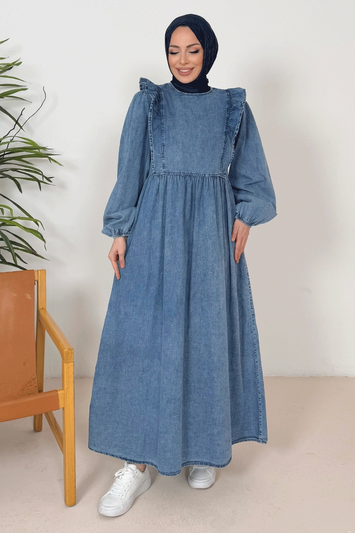 Seril Fırfır Detaylı Kot Elbise 1379 - Mavi