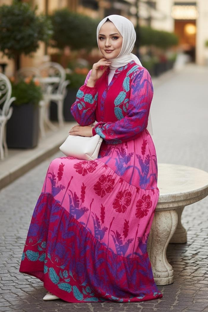 Seyer Yarım Düğmeli Dokuma Viskon Elbise 1485 - Fuşya