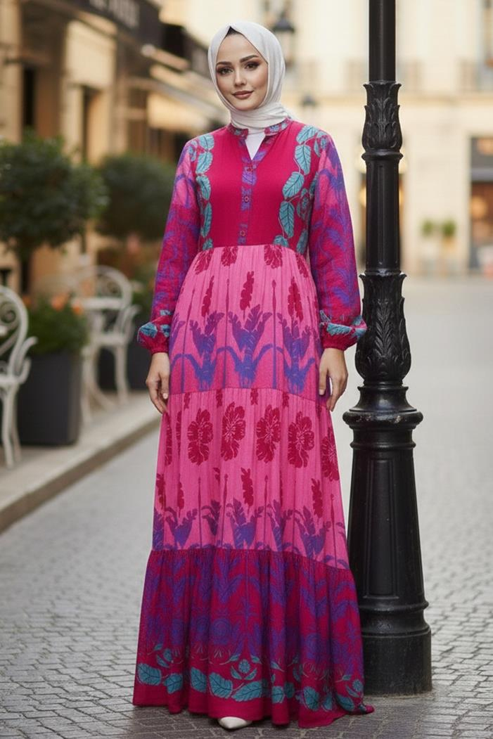 Seyer Yarım Düğmeli Dokuma Viskon Elbise 1485 - Fuşya